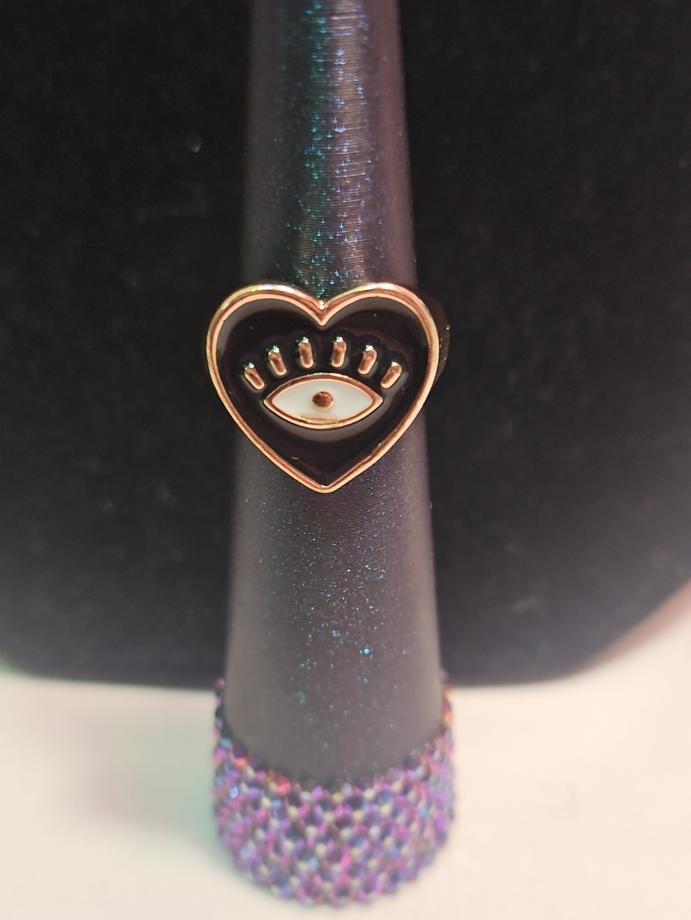 Gold Heart Evil Eye Enamel Ring - Black